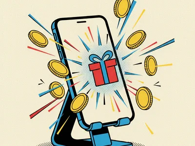 Standda hediye ikonlu telefon ve zıplayan jetonlar