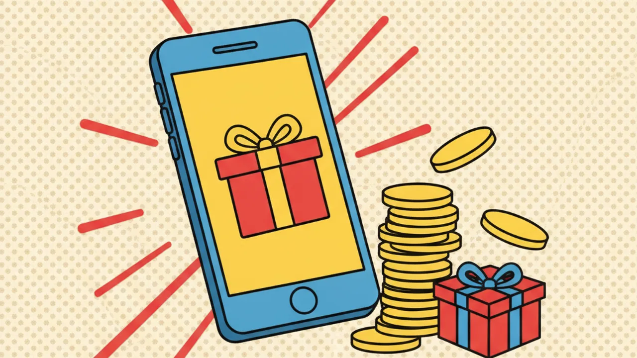Hediye ikonlu telefon, orta boy jeton yığını ve küçük hediye kutusu