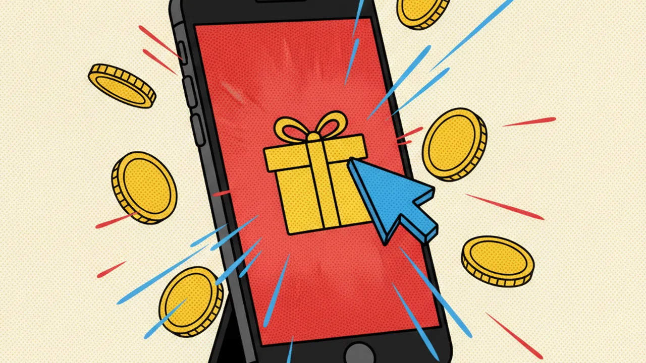 Smartphone in a stand with a glowing gift icon, a cursor tapping