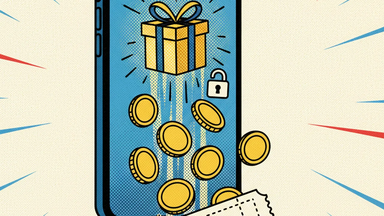 Smartphone with a glowing gift icon and an open padlock, coins flowing