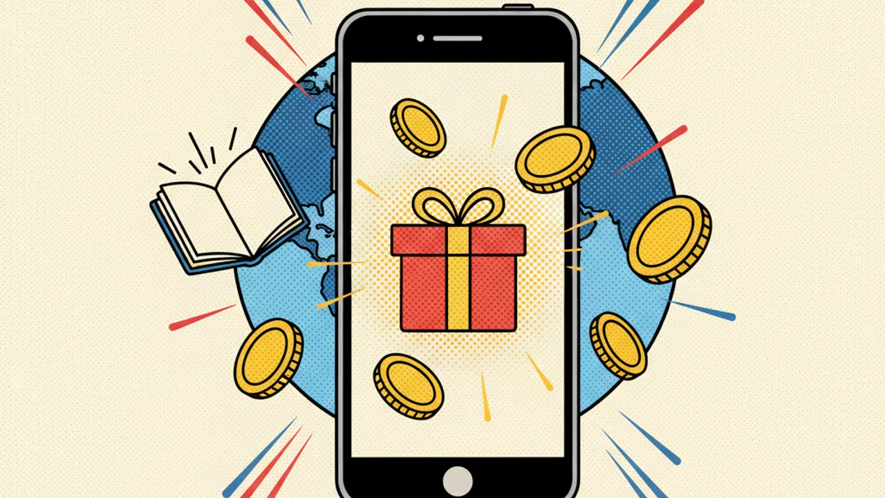 Smartphone with a glowing gift icon, a globe outline and an open book
