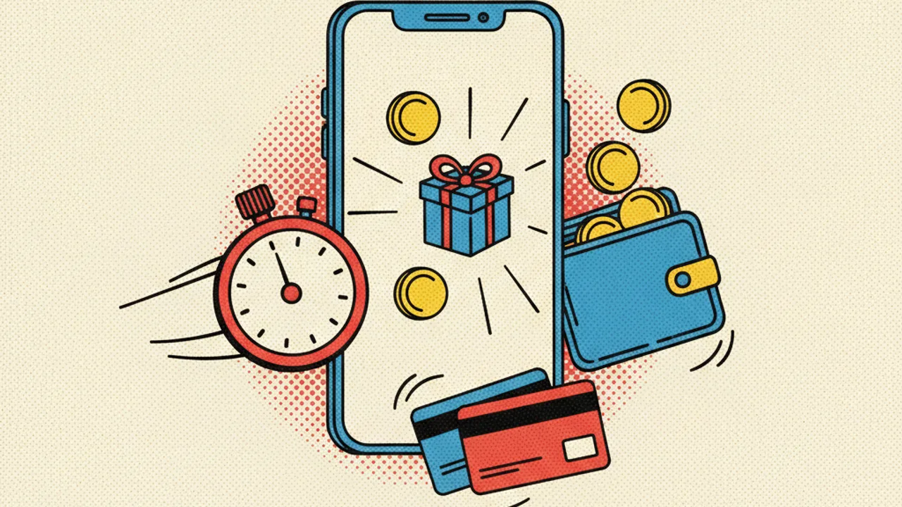 Smartphone with a glowing gift icon, a stopwatch, wallet and payment cards