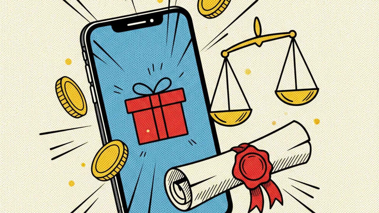 Hediye ikonlu telefon, mühürlü belge ve terazi