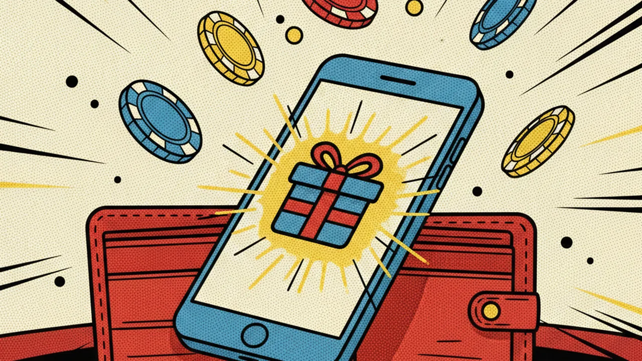 Boş cüzdan üzerinde hediye ikonlu telefon ve çipler