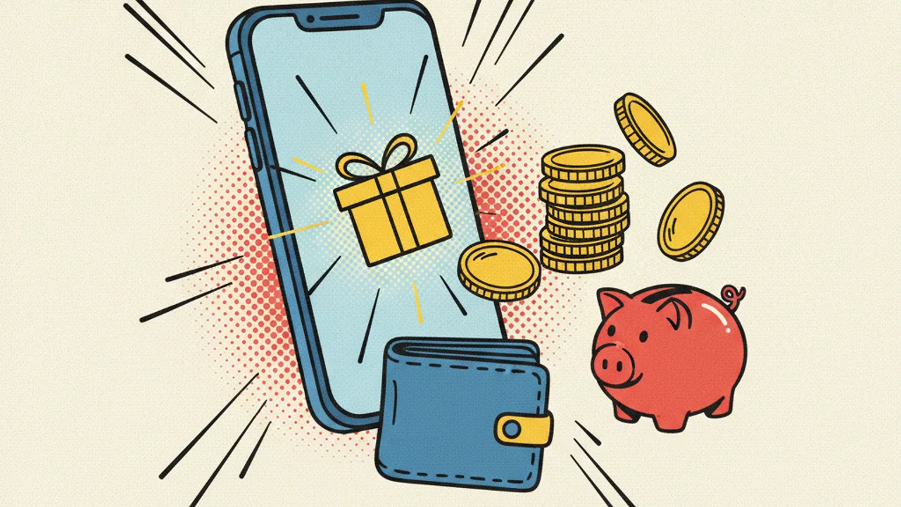 Hediye ikonlu telefon, küçük jeton yığını, kumbara ve cüzdan