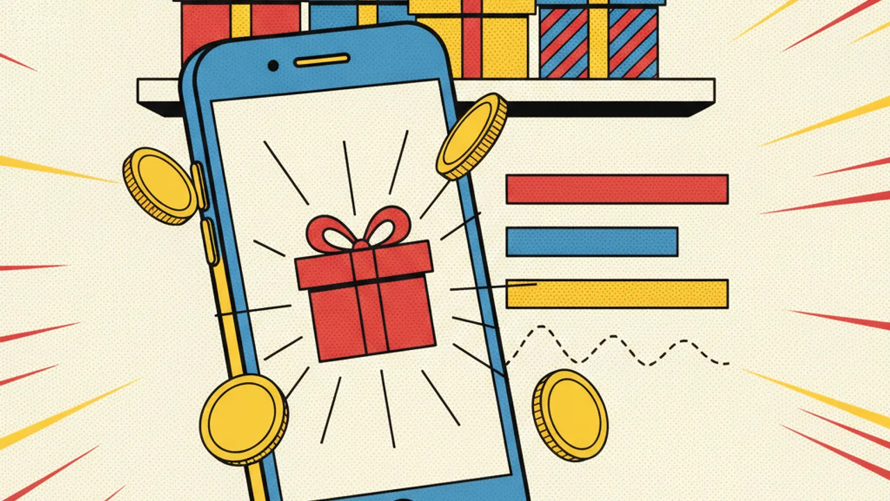 Hediye ikonlu telefon, raftaki renkli hediye kutuları ve boş çubuk grafik