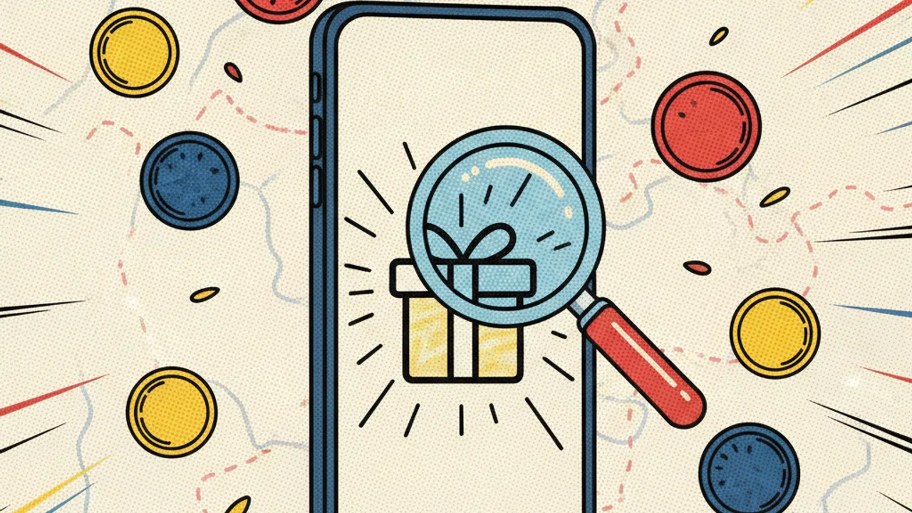 Hediye ikonlu telefon, rozetler ve büyüteç